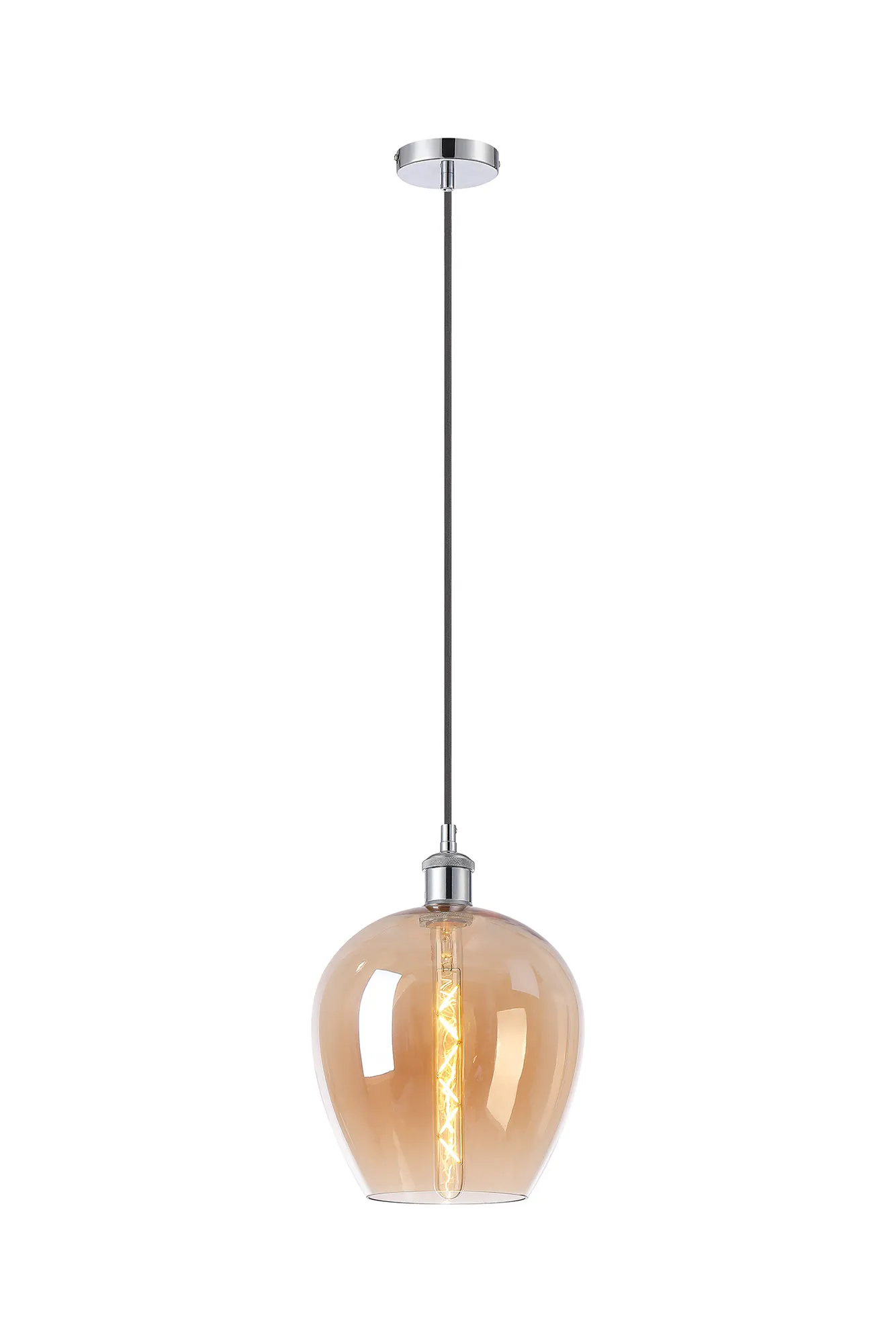 Cawdor Single Pendant, 1 Light E27, Polished Chrome/Black/Amber Wine Glass DK1106  Deco Cawdor